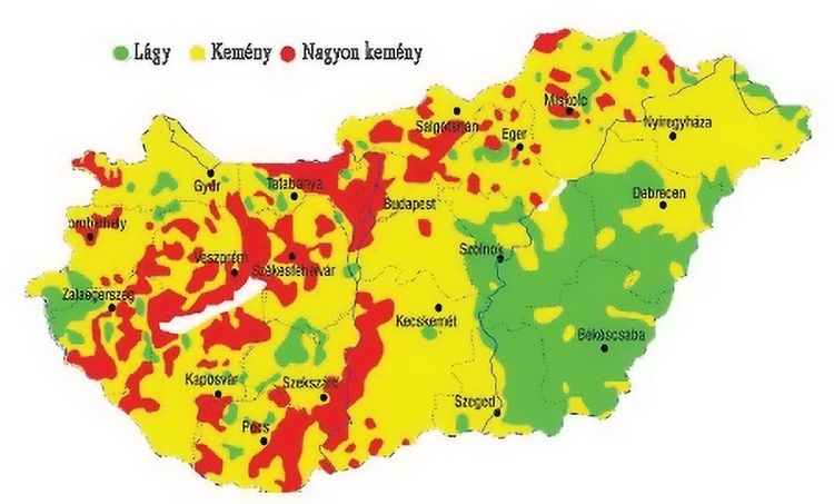 Vízkeménység alakulása Magyarországon, térkép