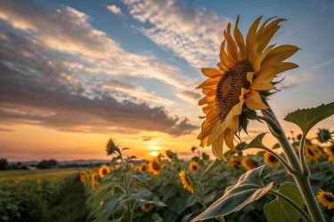 Napraforgótábla naplementében nyáron