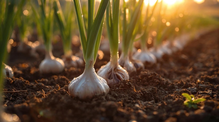 Fejlődő fokhagymanövények láthatók egy szántóföldi sorban, napfényes környezetben, közeli nézetből.